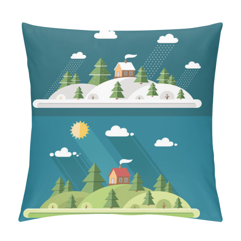 Personality  Summer And Winter Landscape. Beautiful House On The Hill Among T Pillow Covers