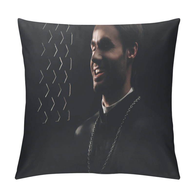 Personality  Young Sarcastic Catholic Priest Laughing Near Confessional Grille In Dark With Rays Of Light Pillow Covers