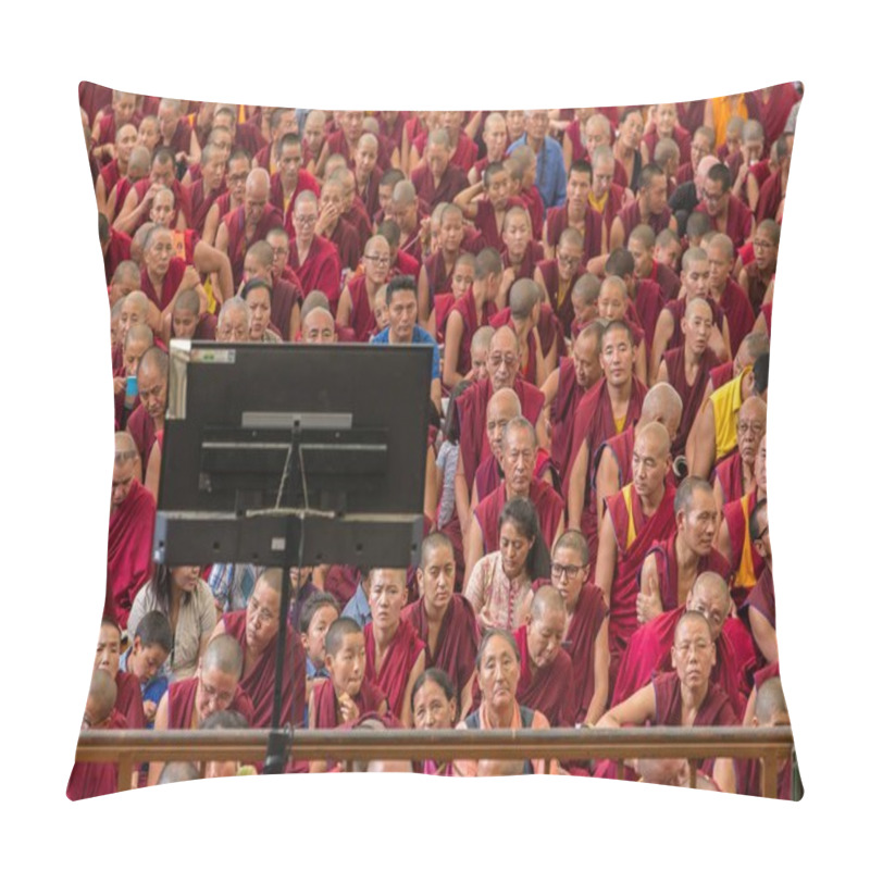 Personality  Dharamsala, India - June 6, 2017: The Monks And Tibetan People Listening To His Holiness The 14 Dalai Lama Tenzin Gyatso Giving Teachings In His Residence In Dharamsala, India. Pillow Covers