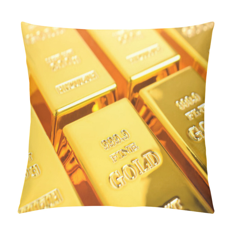 Personality  Close Up Of Many Shiny Gold Bars As Background. Rows Of Gold Bars. Financial Concept. Pillow Covers