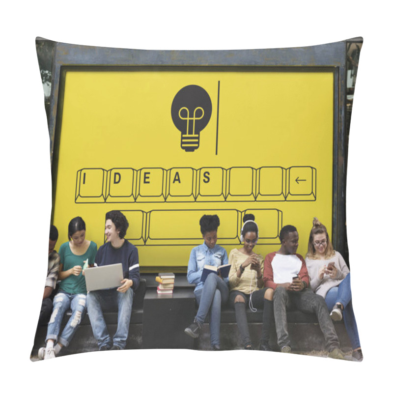 Personality  Group Of Students On Bus Station With Ideas Background, Original Photoset Pillow Covers