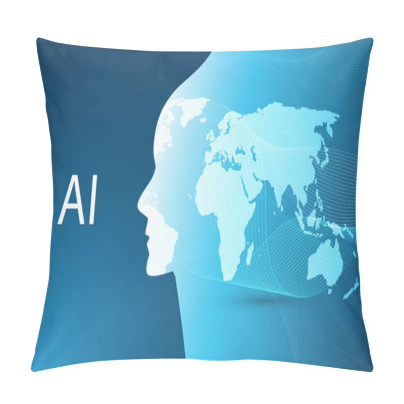 Personality  Machine Learning, Artificial Intelligence, Cloud Computing, Global Automated Support Assistance And Networks Design Concept With World Map, Wavy Pattern And Human Head Pillow Covers