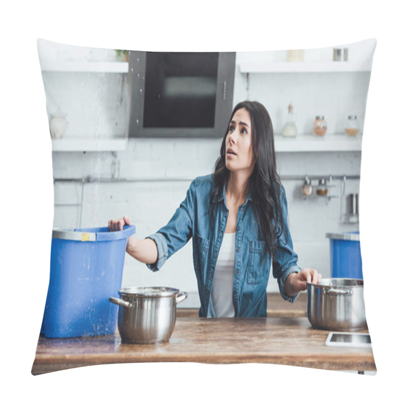 Personality  Confused Brunette Woman Dealing With Water Damage In Kitchen Pillow Covers