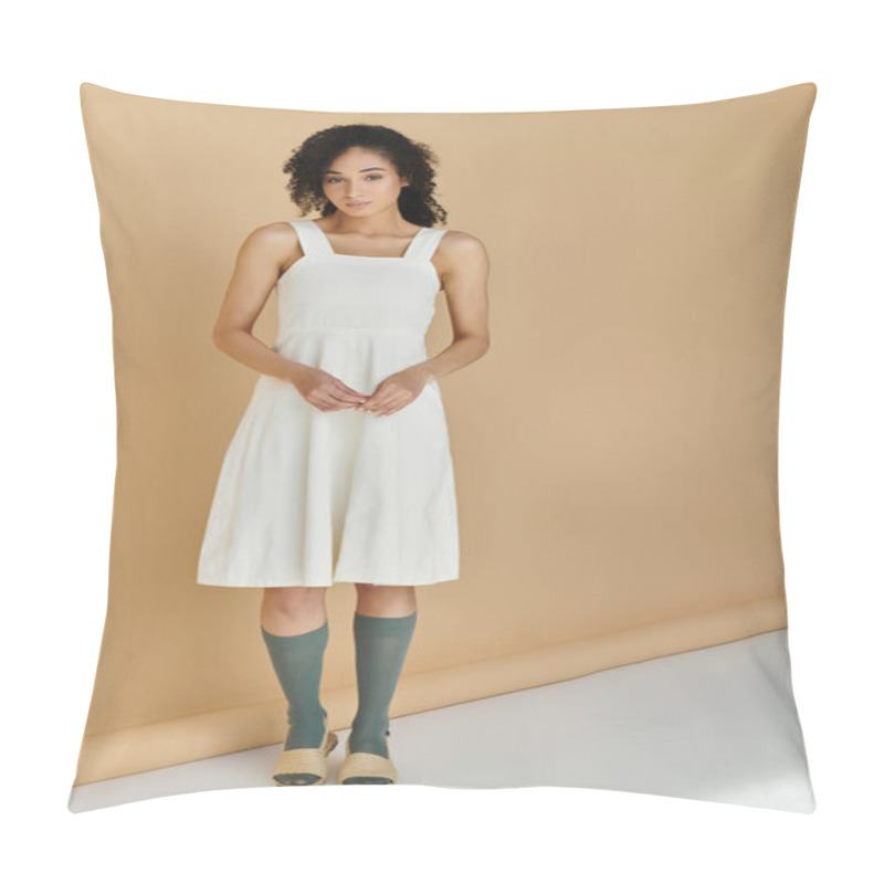 Personality  The Stylish Woman Joyfully Presents Her Chic Summer Outfit Against A Warm Backdrop. Pillow Covers