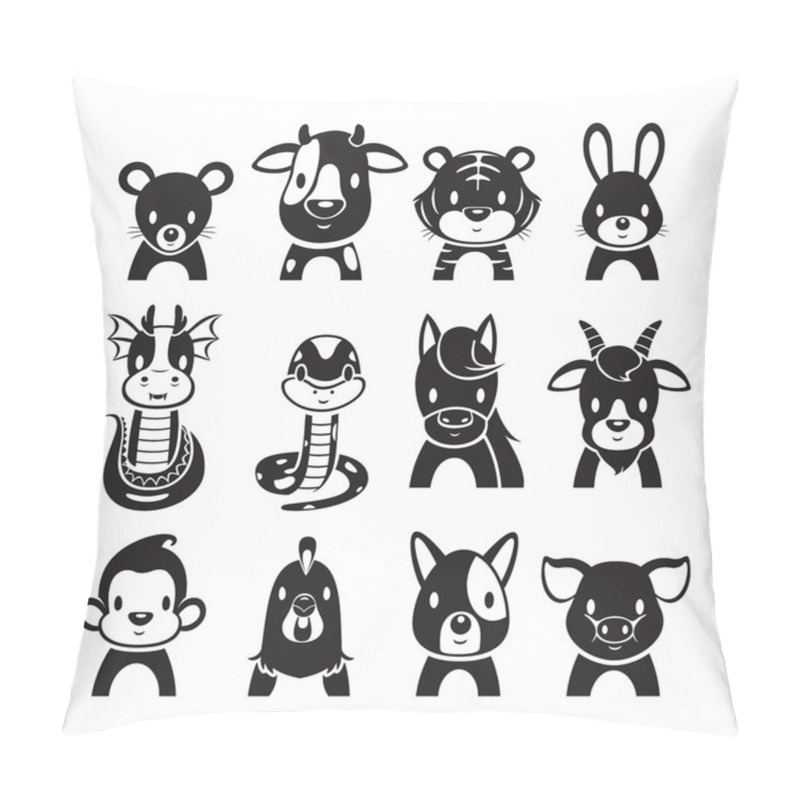 Personality  12 Animals Chinese Zodiac Signs Icons Set, Monochrome Pillow Covers