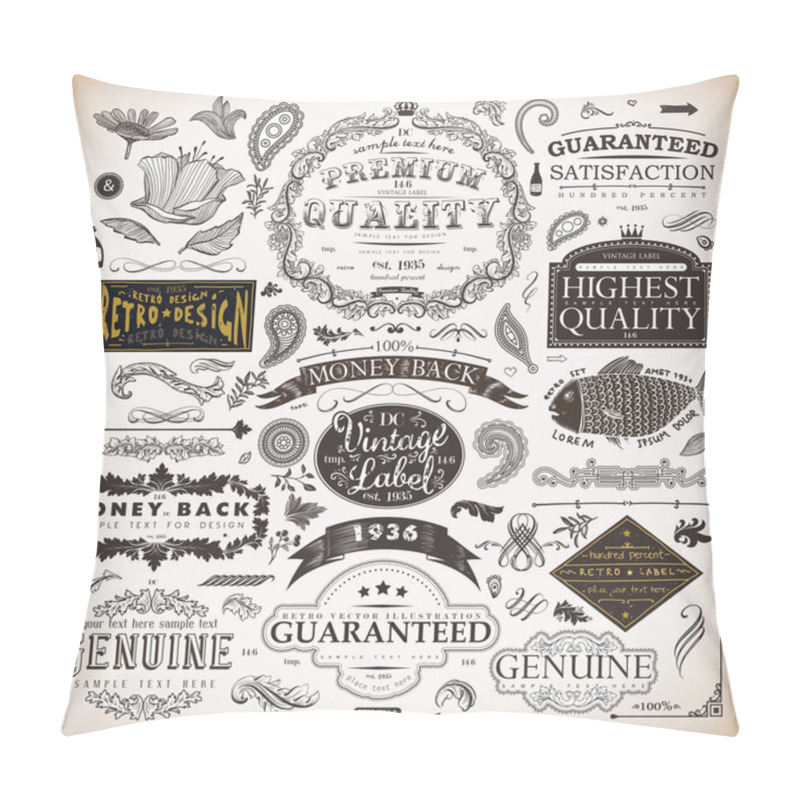 Personality  Vector Set: Calligraphic Design Elements And Page Decoration, Premium Quality, Seafarers And Satisfaction Guarantee Label Collection With Black Grungy Design And Flowers Pillow Covers