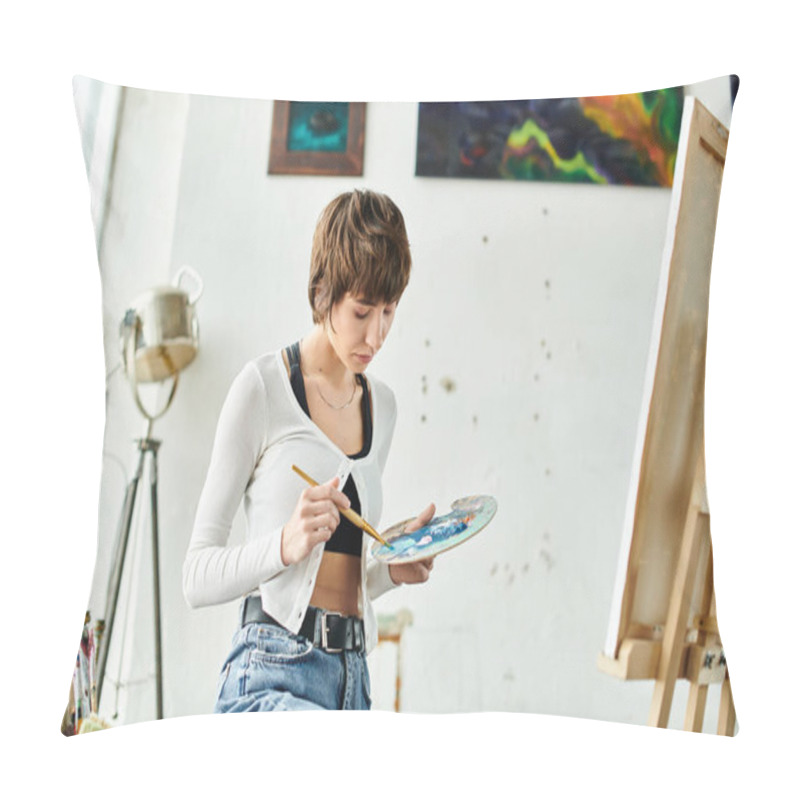 Personality  A Woman Sits On A Chair With A Paintbrush And Palette. Pillow Covers