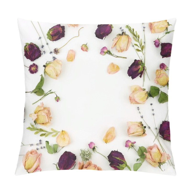 Personality  Floral Arrangement Of Dried Roses Frame On White Background. Top View. Copy Space Pillow Covers