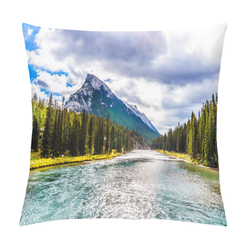 Personality  Bow River With Dark Clouds Hanging Over Mount Rundle In Banff National Park Pillow Covers