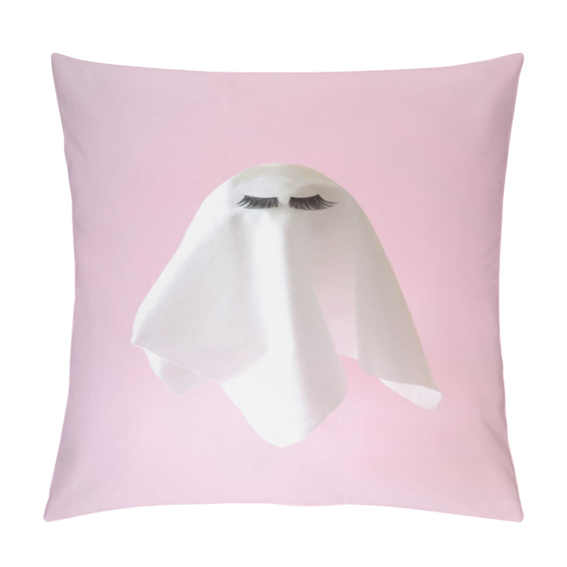 Personality  White Ghost With Lashes On A Pink Background. Halloween Scary Background. Minimal Composition Pillow Covers