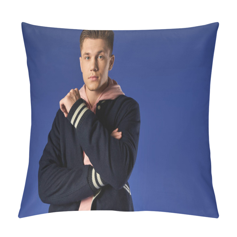 Personality  A Handsome Young Man Stands Confidently With Arms Crossed. Pillow Covers