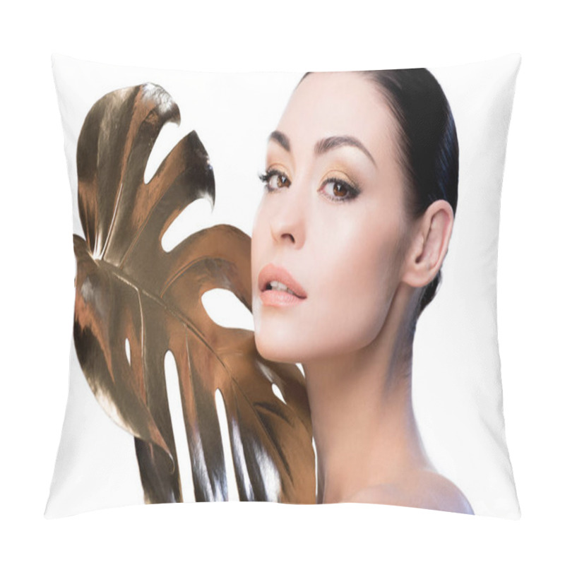 Personality  Woman With Big Golden Leaf Pillow Covers