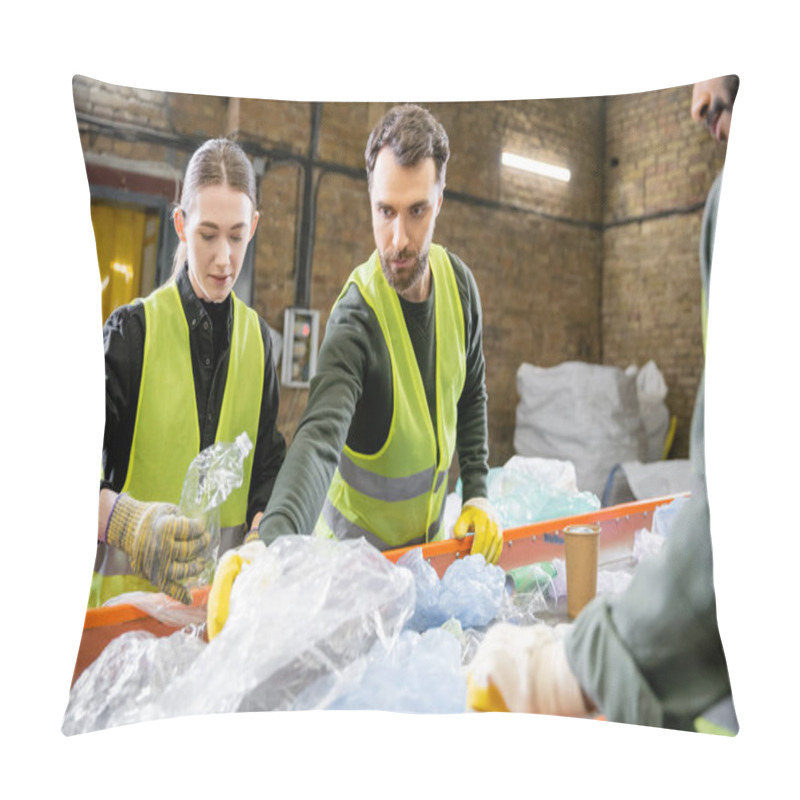 Personality  Male Worker In Protective Vest Taking Plastic From Conveyor While Working Near Interracial Colleagues In Blurred Garbage Sorting Center, Garbage Sorting And Recycling Concept Pillow Covers