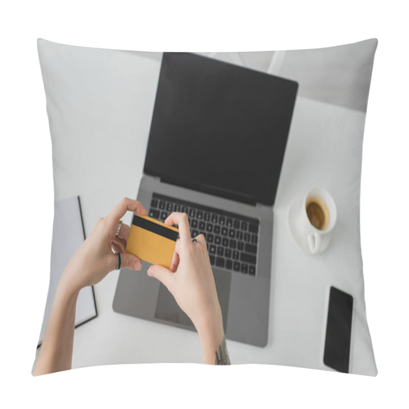 Personality  Top View Of Tattooed Woman Holding Credit Card Near Laptop With Blank Screen, Smartphone, Notebook With Pen, And Cup Of Coffee With Saucer On White Table, Modern Workspace, Work From Home  Pillow Covers