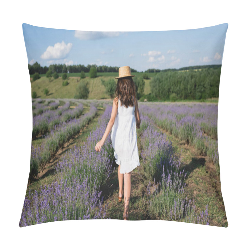 Personality  Back View Of Girl In White Dress And Straw Hat Walking In Meadow With Flowering Lavender Pillow Covers