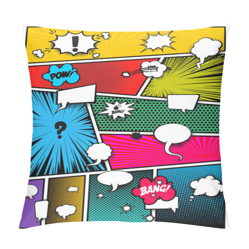 Personality  Set Of Pop Art Comics Book Magazine Cover Template. Cartoon Funny Vintage Strip Comic Superhero Text, Speech Bubble, Balloon, Box Message, Burst Bomb, Halftone. Blank Graphic. Vector Illustration Pillow Covers