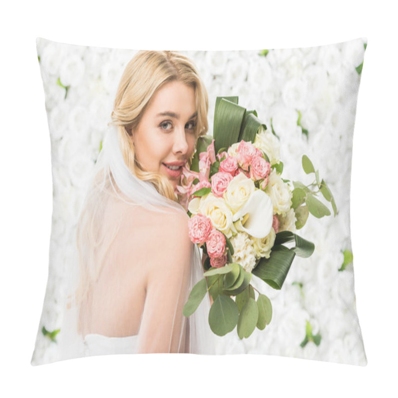 Personality  Smiling Attractive Bride Holding Wedding Bouquet On White Floral Background Pillow Covers