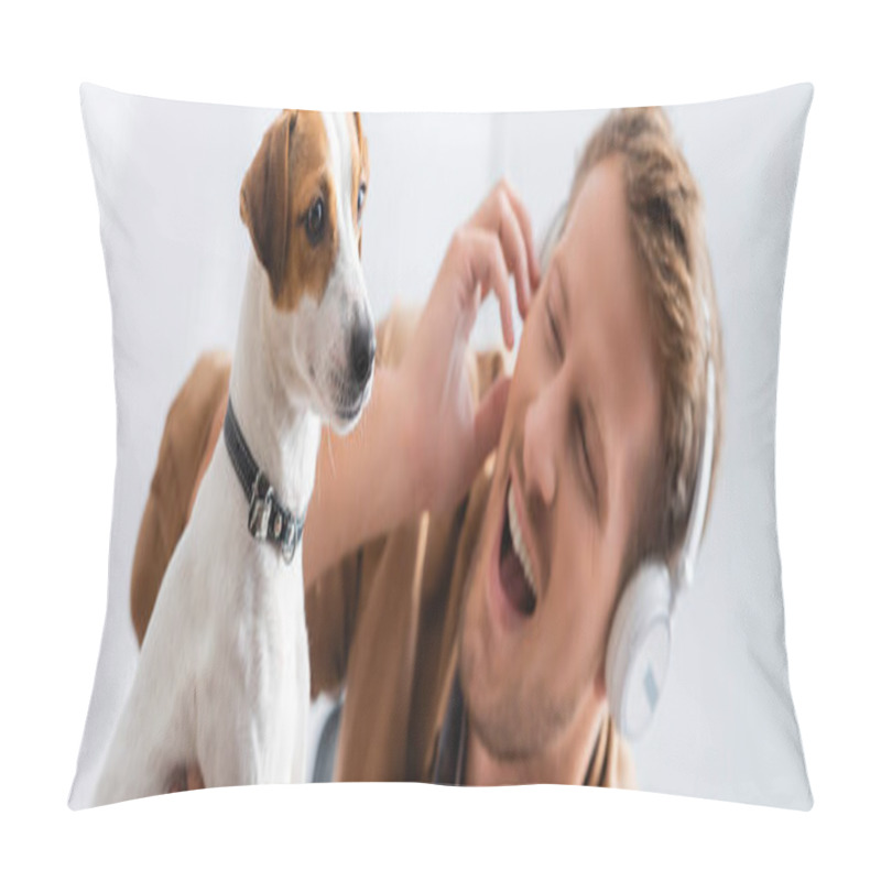 Personality  Panoramic Shot Of Excited Businessman In Wireless Headphones Near Jack Russell Terrier Dog In Office Pillow Covers