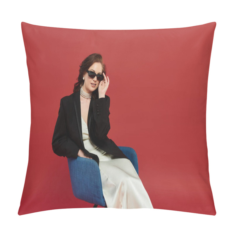 Personality  A Young, Beautiful Woman Lounges Elegantly In Stylish Attire Against A Striking Red Background. Pillow Covers