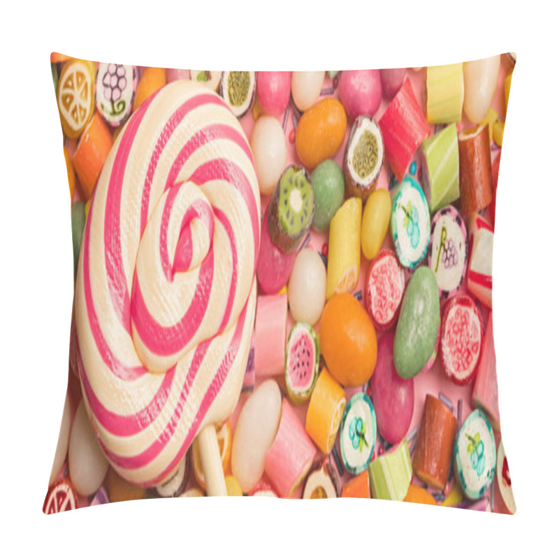 Personality  Panoramic Shot Of Bright Round Lollipop On Wooden Stick Near Fruit Caramel Candies On Pink Background Pillow Covers