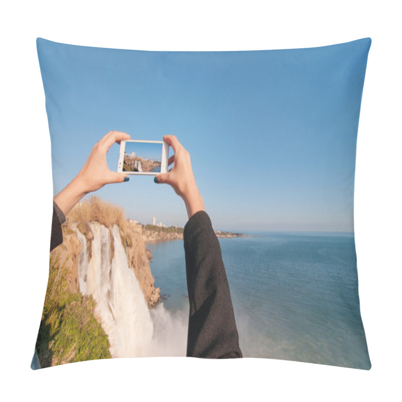 Personality  Woman Taking Photo Of Duden Waterfall Pillow Covers