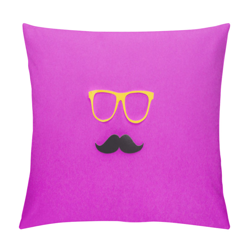 Personality  Top View Of Gentleman Face Made Of Cardboard Eyeglasses And Mustache On Pink Surface Pillow Covers