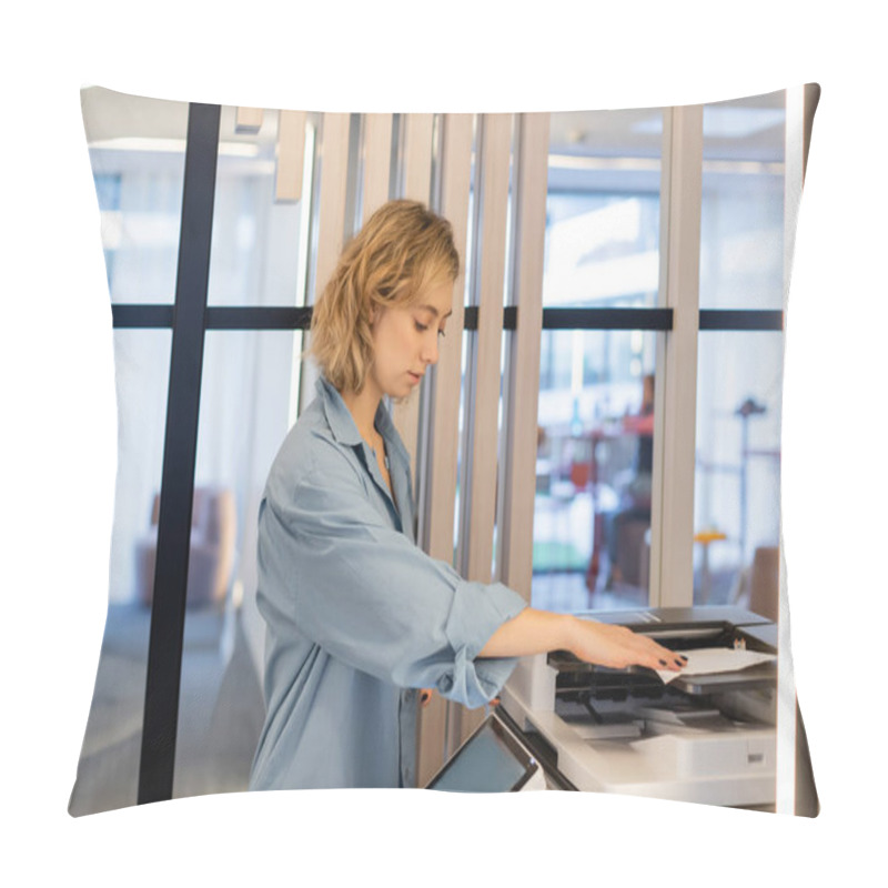 Personality  Young Blonde Woman With Wavy Hair Using Modern Printer In Office  Pillow Covers