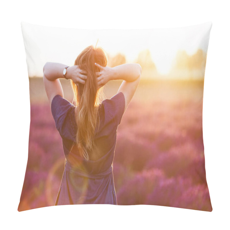 Personality  Young Woman Touching Her Long Hair Looking At Lavender Field  Pillow Covers