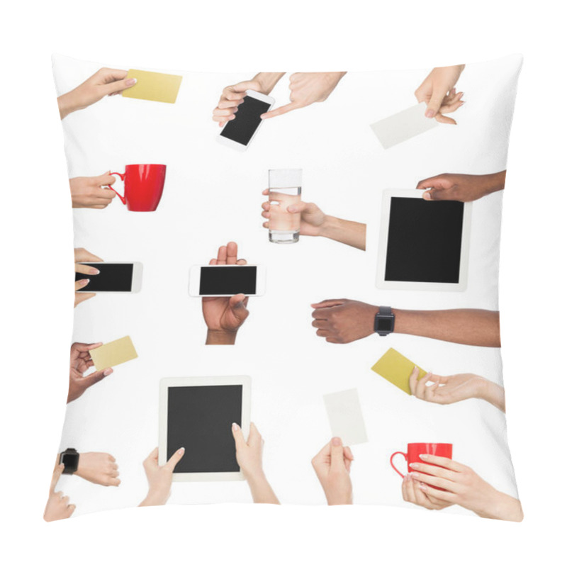 Personality  Set Of Male, Female Hands With Tablet, Phone, Cup, Business Cards Pillow Covers