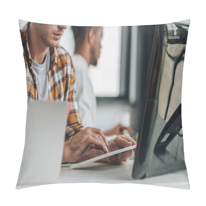 Personality  Cropped View Of Programmer Working In Office Near African American Colleague Pillow Covers