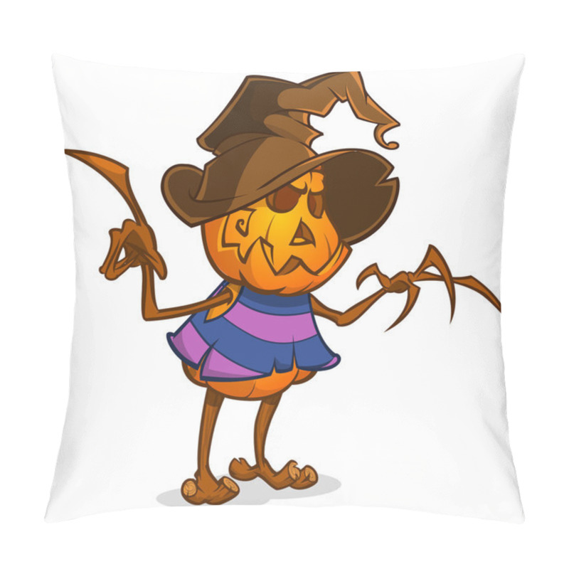 Personality  Scarecrow With Pumpkin Head In A Witch Hat And Rags. Cartoon Style Pumpkin Head With Hands. Vector Isolated Pillow Covers