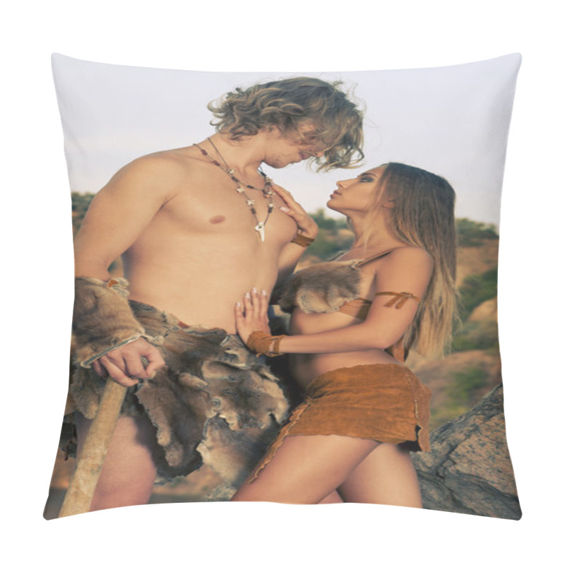 Personality  Primitive Man Standing Near His Woman. Pillow Covers