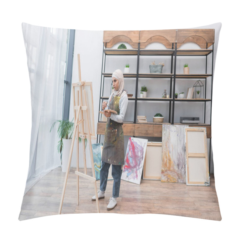 Personality  Full Length View Of Muslim Woman Drawing On Easel Near Painted Pictures In Home Studio Pillow Covers