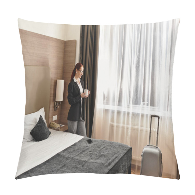 Personality  A Beautiful Young Woman Stands By The Window, Savoring Her Coffee In A Chic Hotel Room. Pillow Covers