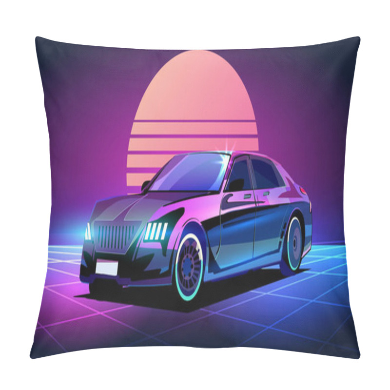 Personality  Cyberpunk Business Car In The Retrowave Style Of The 80s, Illuminated With Neon Vector Pillow Covers