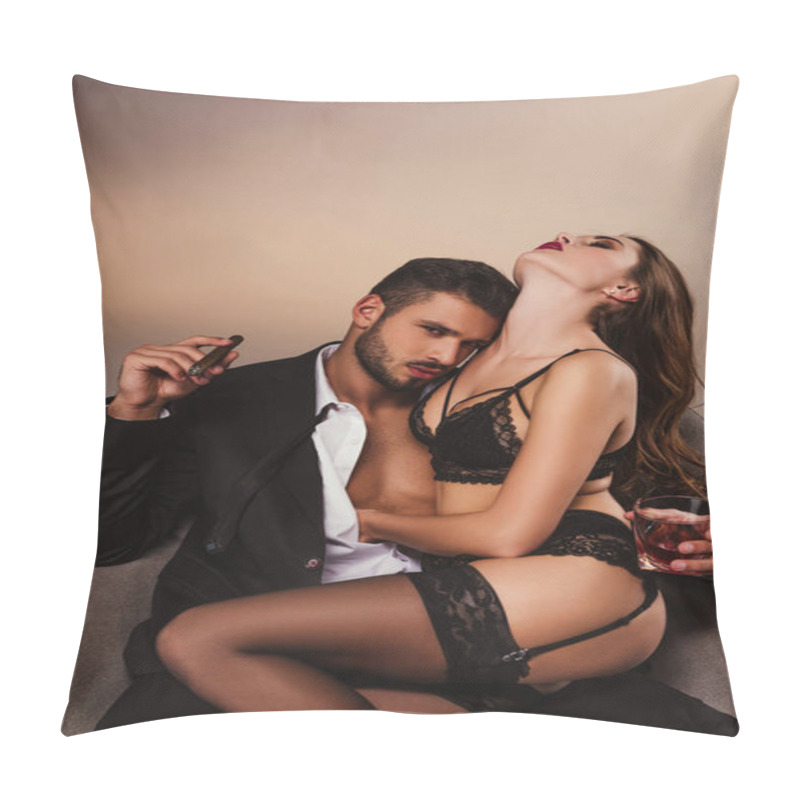 Personality  Young Successful Businessman Sitting On Armchair With Beautiful Girl In Lingerie Pillow Covers