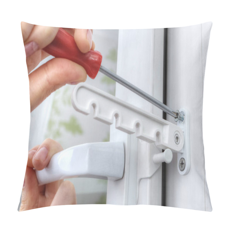 Personality  Close-up, Fixing Of The Opening Limiter On Plastic Window. Pillow Covers