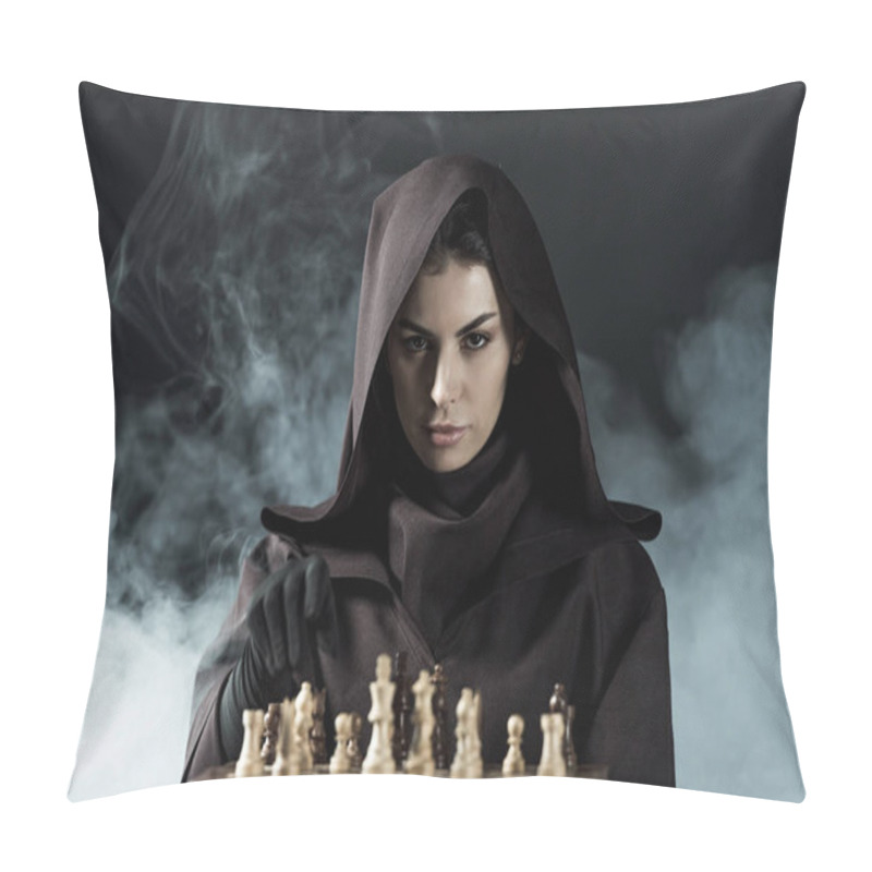 Personality  Woman In Death Costume Playing Chess In Smoke On Black Pillow Covers