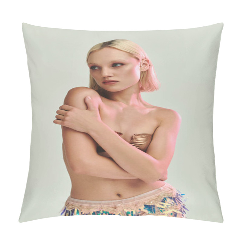 Personality  A Young Woman Poses Elegantly In Holographic Attire With A Thoughtful Expression. Pillow Covers