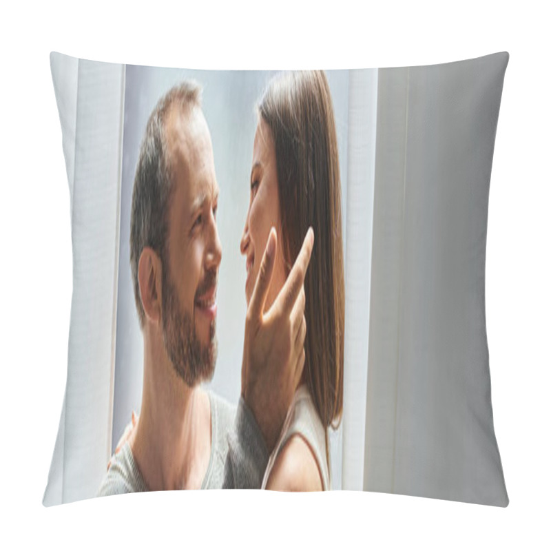 Personality  Tender Husband Touching Hair Of Smiling Wife Near Window At Home, Child Free Couple, Banner Pillow Covers