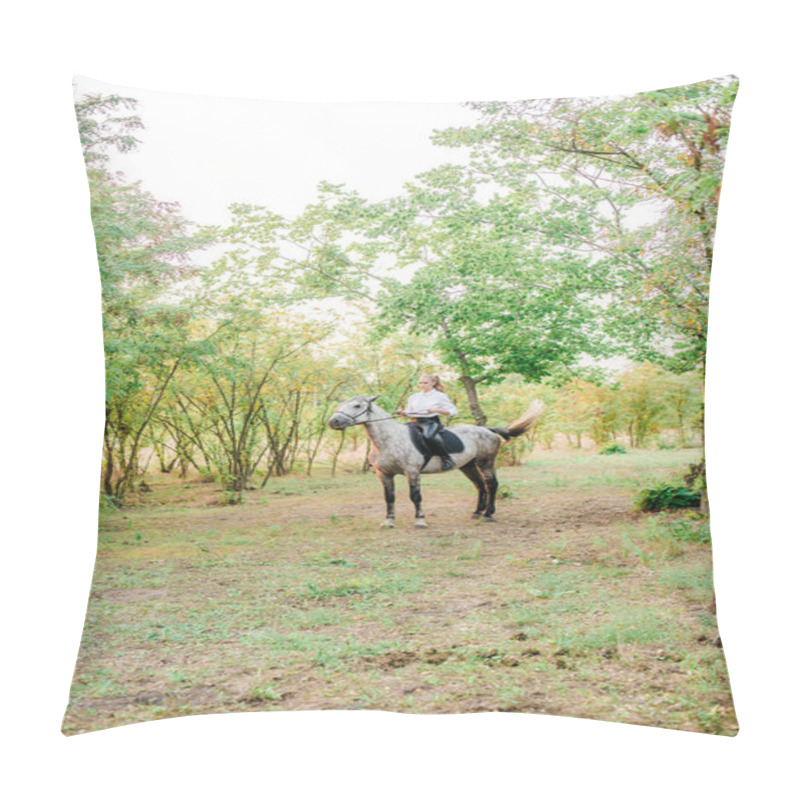 Personality  Beautiful Young Girl  With Light Hair In Uniform Competition Smiling And Astride A Horse In Sunset In Autumn Pillow Covers