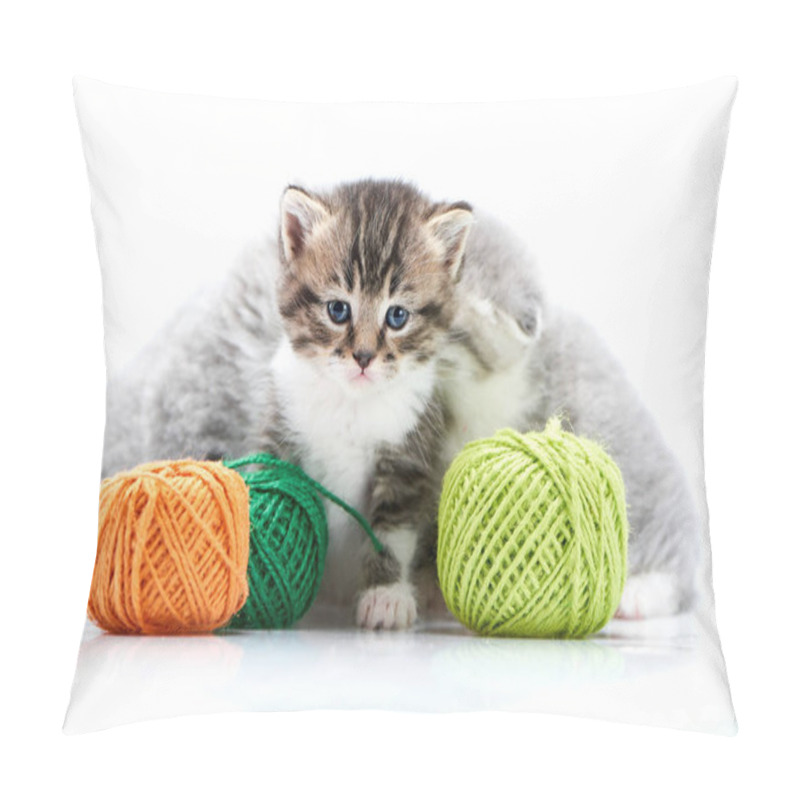 Personality  Grey Fluffy Cute Kitties And One Brown Striped Adorable Kitten Are Playing With Orange And Green Yarn Balls In White Photo Studio. Pillow Covers