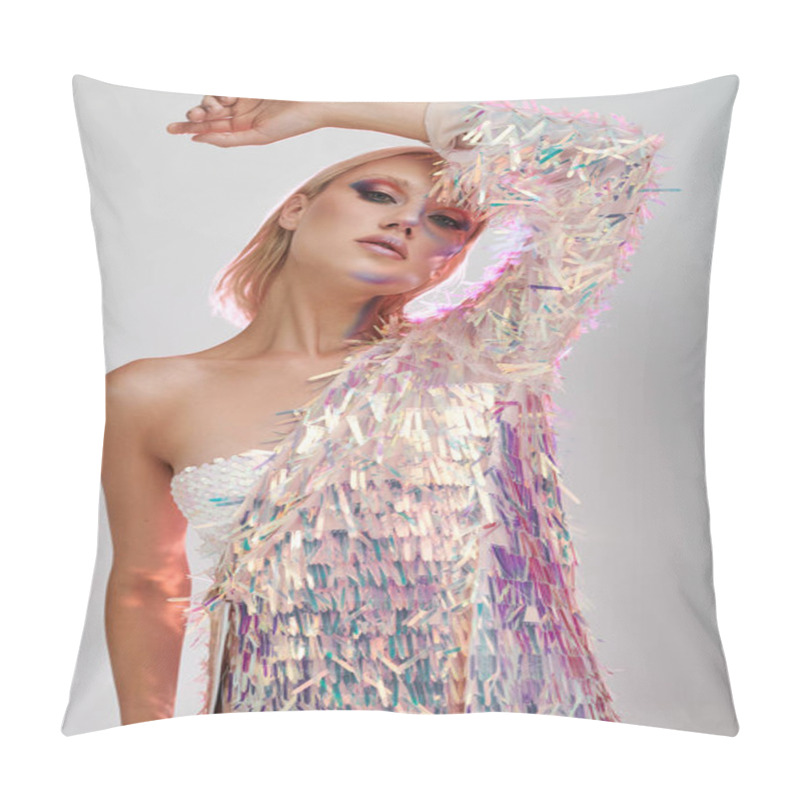 Personality  A Young Woman Dazzles In Holographic Attire, Radiating Confidence And Style. Pillow Covers