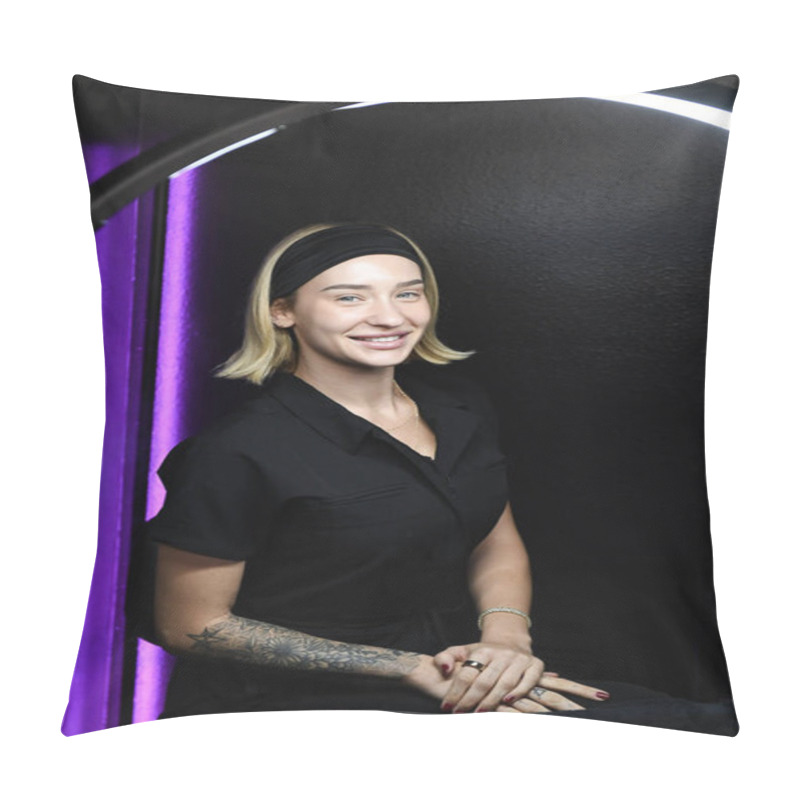 Personality  Woman With Short Blonde Hair, Seated Under A Ring Light, Smiling Pillow Covers