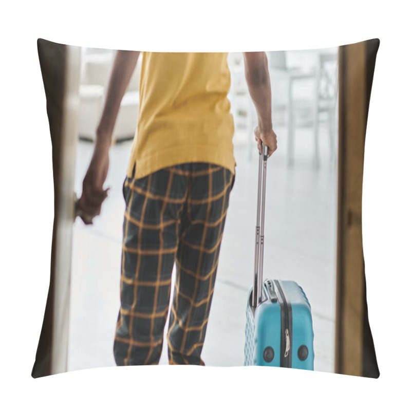 Personality  A Young African American Man Is Excited To Explore The World, Suitcase In Hand, Ready For His Journey. Pillow Covers