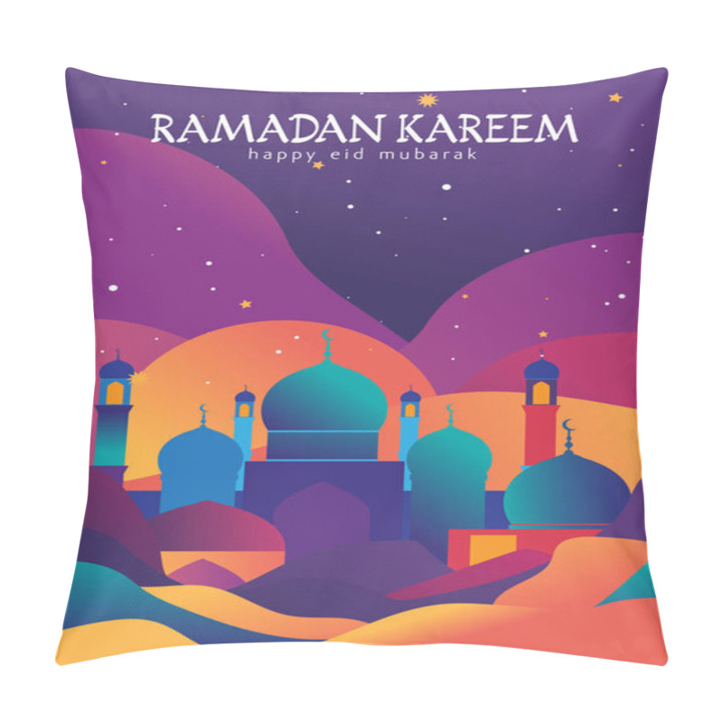 Personality  Elegant Mosque Illustration In Gradient Tones, Featuring Domes, Minarets, And A Vibrant Sunset Sky. Ideal For Ramadan Greeting Cards, Invitations, Or Social Media Graphics. Pillow Covers