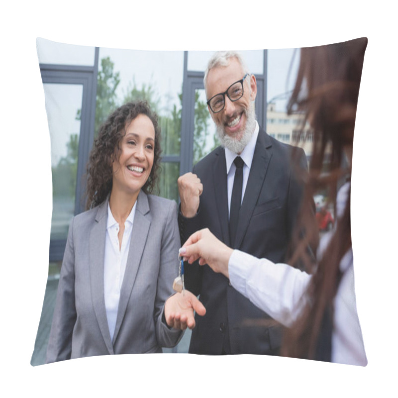 Personality  Happy African American Businesswoman Taking Key From Blurred Realtor Near Excited Colleague Showing Success Gesture Pillow Covers