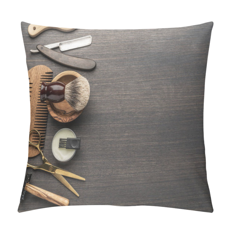 Personality  Classic Grooming And Hairdressing Tools On Wooden Background. Top View On Barbershop Instruments  Laying On Dark Wooden Table. Pillow Covers