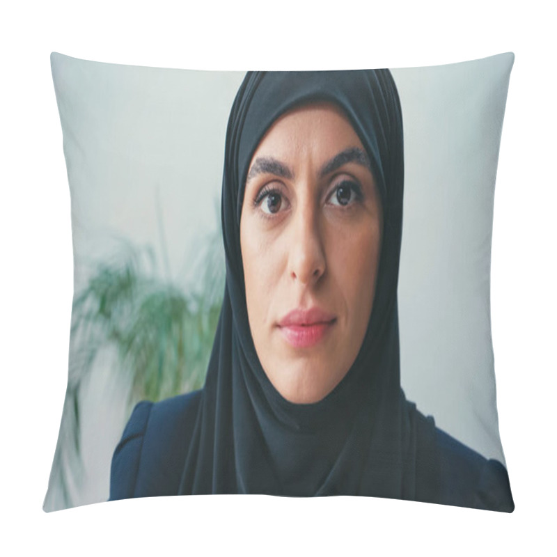 Personality  Close Up Of Young Muslim Businesswoman In Hijab Looking At Camera In Office  Pillow Covers