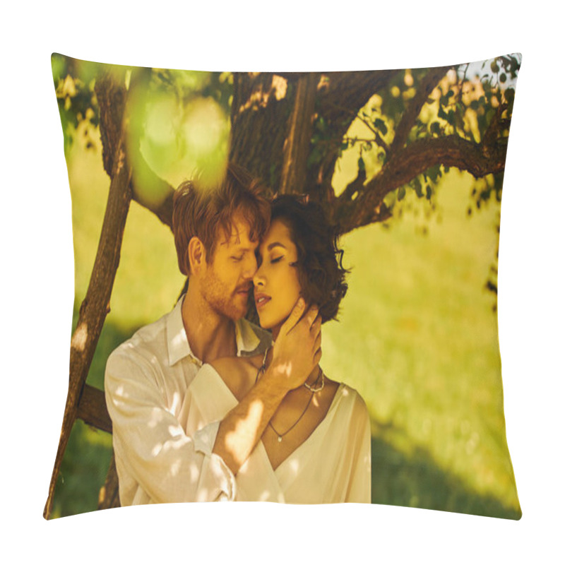 Personality  Young Redhead Groom Embracing Asian Bride In Wedding Dress Under Tree, Countryside Celebration Pillow Covers